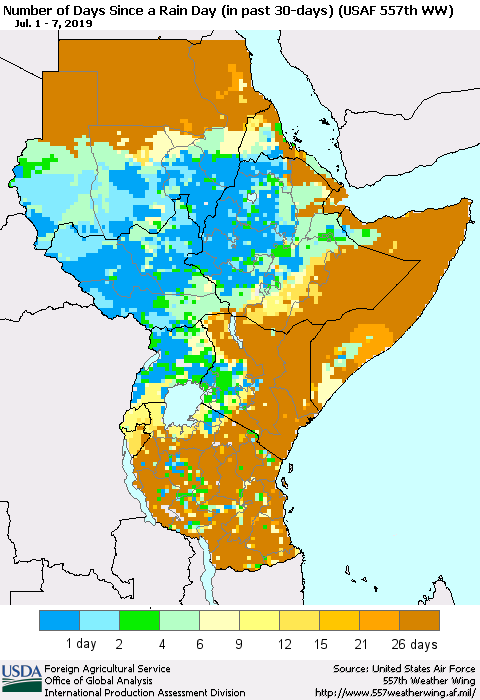 Eastern Africa Number of Days Since a Rain Day in past 30 days (USAF 557th WW) Thematic Map For 7/1/2019 - 7/7/2019