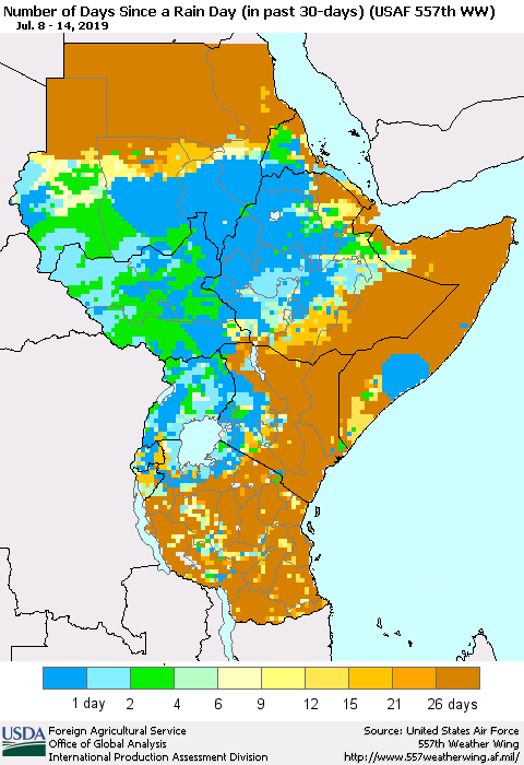 Eastern Africa Number of Days Since a Rain Day in past 30 days (USAF 557th WW) Thematic Map For 7/8/2019 - 7/14/2019
