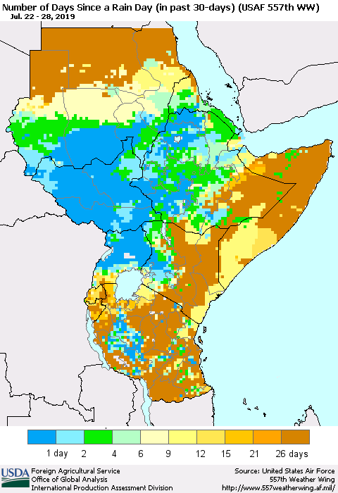 Eastern Africa Number of Days Since a Rain Day in past 30 days (USAF 557th WW) Thematic Map For 7/22/2019 - 7/28/2019