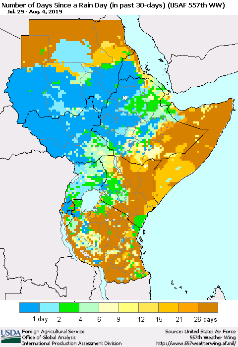 Eastern Africa Number of Days Since a Rain Day in past 30 days (USAF 557th WW) Thematic Map For 7/29/2019 - 8/4/2019