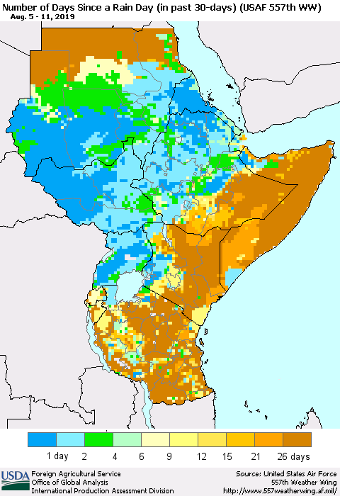 Eastern Africa Number of Days Since a Rain Day in past 30 days (USAF 557th WW) Thematic Map For 8/5/2019 - 8/11/2019