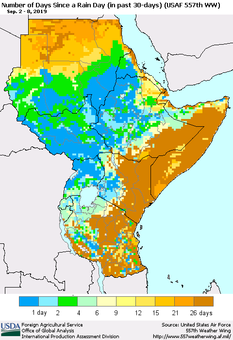 Eastern Africa Number of Days Since a Rain Day in past 30 days (USAF 557th WW) Thematic Map For 9/2/2019 - 9/8/2019