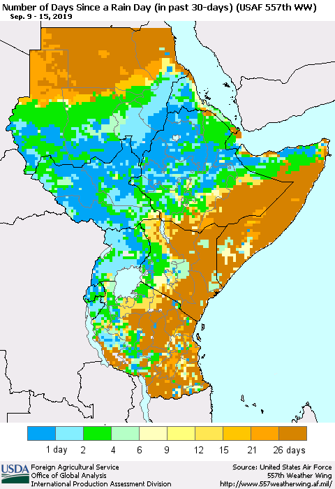 Eastern Africa Number of Days Since a Rain Day in past 30 days (USAF 557th WW) Thematic Map For 9/9/2019 - 9/15/2019