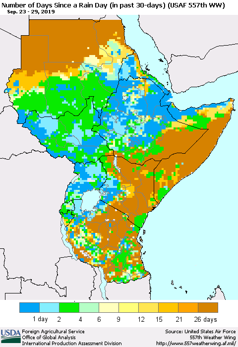 Eastern Africa Number of Days Since a Rain Day in past 30 days (USAF 557th WW) Thematic Map For 9/23/2019 - 9/29/2019
