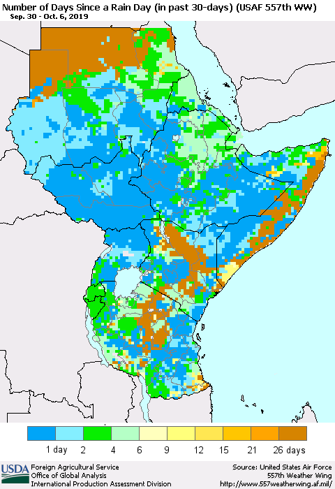 Eastern Africa Number of Days Since a Rain Day in past 30 days (USAF 557th WW) Thematic Map For 9/30/2019 - 10/6/2019
