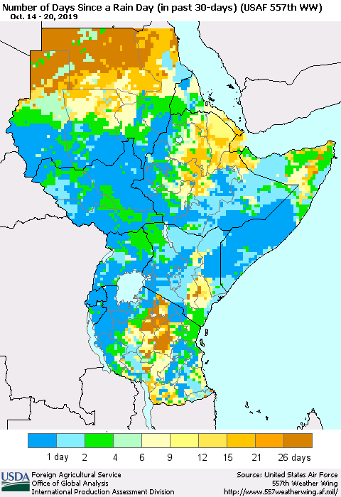 Eastern Africa Number of Days Since a Rain Day in past 30 days (USAF 557th WW) Thematic Map For 10/14/2019 - 10/20/2019