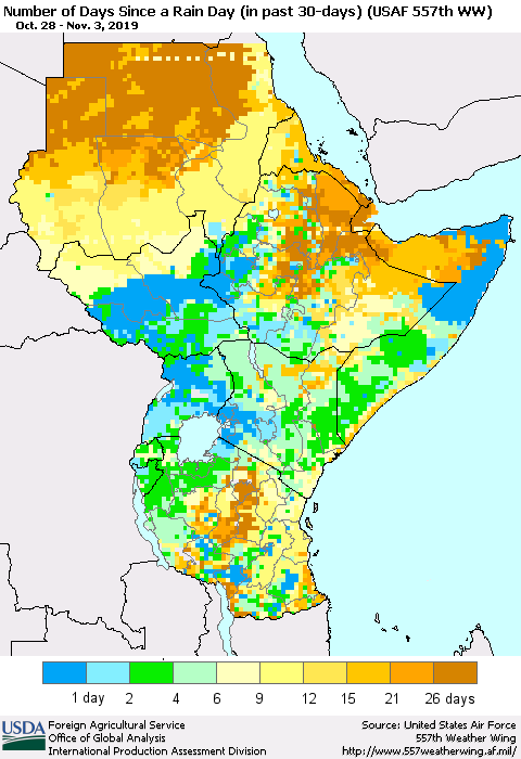 Eastern Africa Number of Days Since a Rain Day in past 30 days (USAF 557th WW) Thematic Map For 10/28/2019 - 11/3/2019