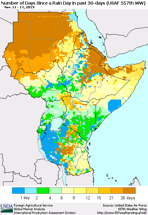 Eastern Africa Number of Days Since a Rain Day in past 30 days (USAF 557th WW) Thematic Map For 11/11/2019 - 11/17/2019