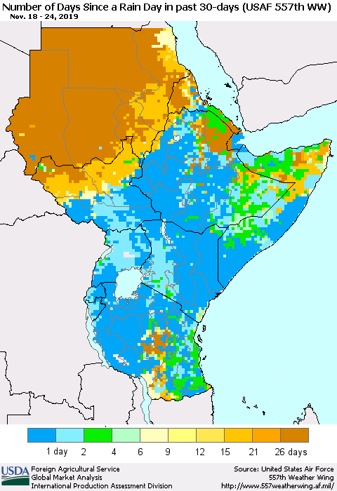 Eastern Africa Number of Days Since a Rain Day in past 30 days (USAF 557th WW) Thematic Map For 11/18/2019 - 11/24/2019