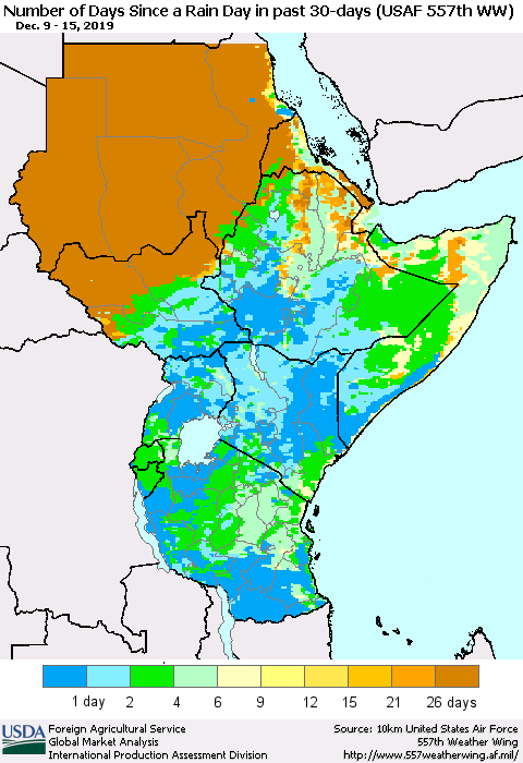 Eastern Africa Number of Days Since a Rain Day in past 30 days (USAF 557th WW) Thematic Map For 12/9/2019 - 12/15/2019