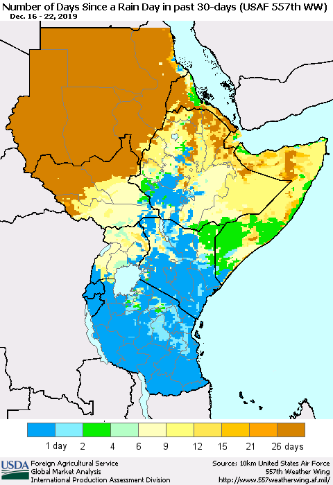 Eastern Africa Number of Days Since a Rain Day in past 30 days (USAF 557th WW) Thematic Map For 12/16/2019 - 12/22/2019