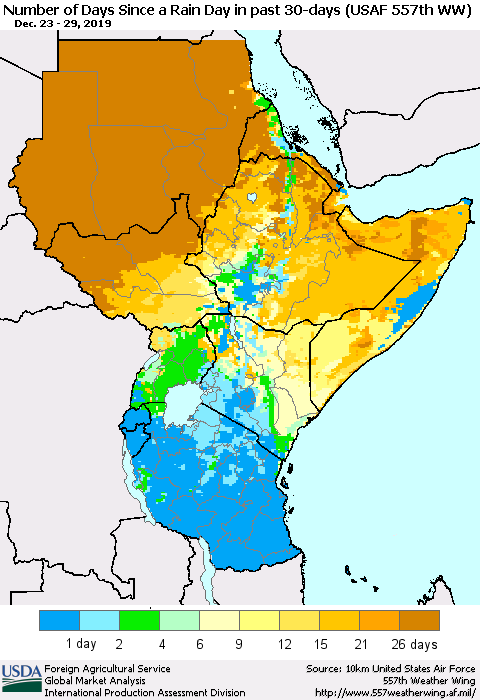 Eastern Africa Number of Days Since a Rain Day in past 30 days (USAF 557th WW) Thematic Map For 12/23/2019 - 12/29/2019