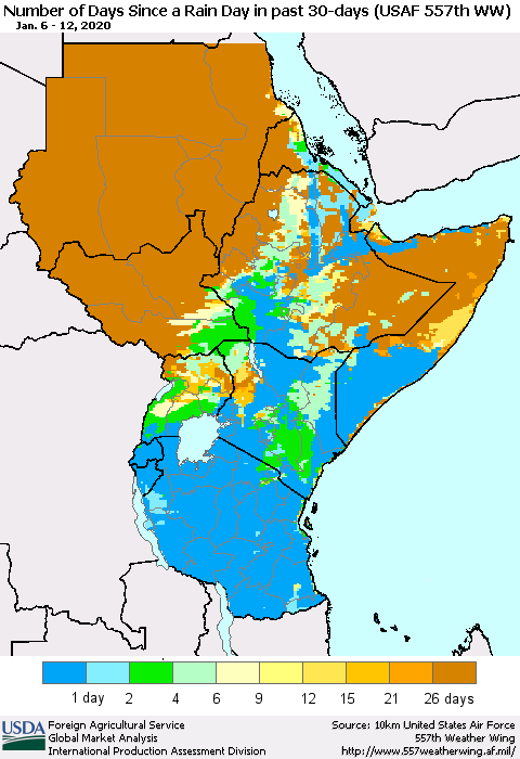 Eastern Africa Number of Days Since a Rain Day in past 30 days (USAF 557th WW) Thematic Map For 1/6/2020 - 1/12/2020