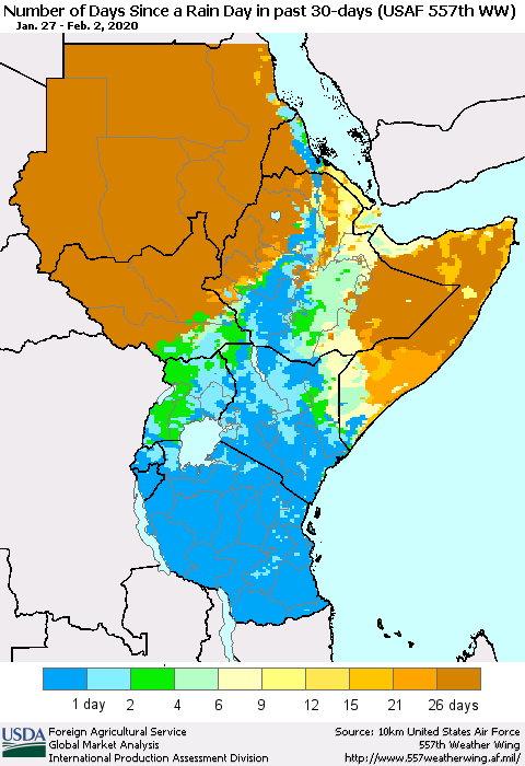 Eastern Africa Number of Days Since a Rain Day in past 30 days (USAF 557th WW) Thematic Map For 1/27/2020 - 2/2/2020