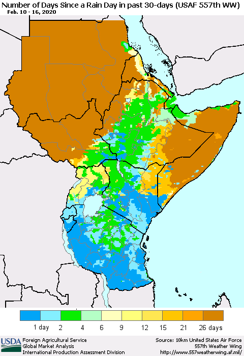 Eastern Africa Number of Days Since a Rain Day in past 30 days (USAF 557th WW) Thematic Map For 2/10/2020 - 2/16/2020