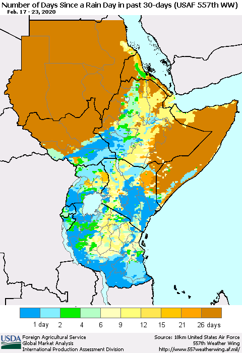 Eastern Africa Number of Days Since a Rain Day in past 30 days (USAF 557th WW) Thematic Map For 2/17/2020 - 2/23/2020