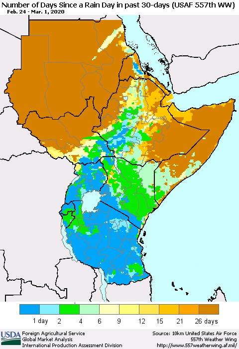 Eastern Africa Number of Days Since a Rain Day in past 30 days (USAF 557th WW) Thematic Map For 2/24/2020 - 3/1/2020