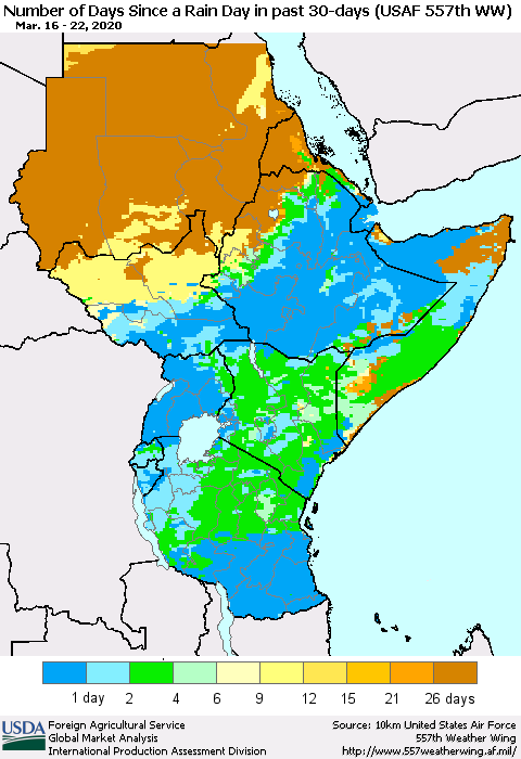 Eastern Africa Number of Days Since a Rain Day in past 30 days (USAF 557th WW) Thematic Map For 3/16/2020 - 3/22/2020