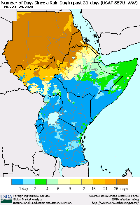 Eastern Africa Number of Days Since a Rain Day in past 30 days (USAF 557th WW) Thematic Map For 3/23/2020 - 3/29/2020