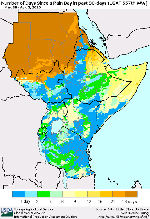 Eastern Africa Number of Days Since a Rain Day in past 30 days (USAF 557th WW) Thematic Map For 3/30/2020 - 4/5/2020