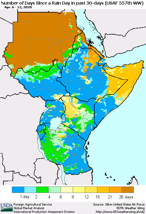 Eastern Africa Number of Days Since a Rain Day in past 30 days (USAF 557th WW) Thematic Map For 4/6/2020 - 4/12/2020