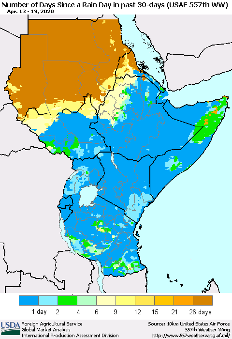 Eastern Africa Number of Days Since a Rain Day in past 30 days (USAF 557th WW) Thematic Map For 4/13/2020 - 4/19/2020