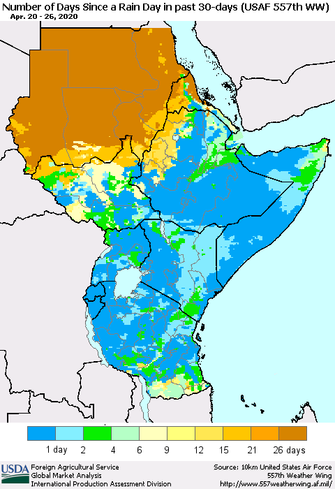 Eastern Africa Number of Days Since a Rain Day in past 30 days (USAF 557th WW) Thematic Map For 4/20/2020 - 4/26/2020