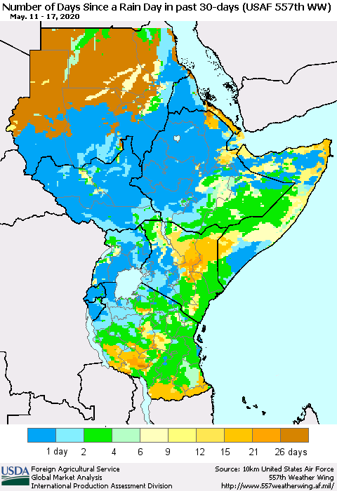 Eastern Africa Number of Days Since a Rain Day in past 30 days (USAF 557th WW) Thematic Map For 5/11/2020 - 5/17/2020