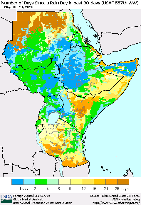Eastern Africa Number of Days Since a Rain Day in past 30 days (USAF 557th WW) Thematic Map For 5/18/2020 - 5/24/2020