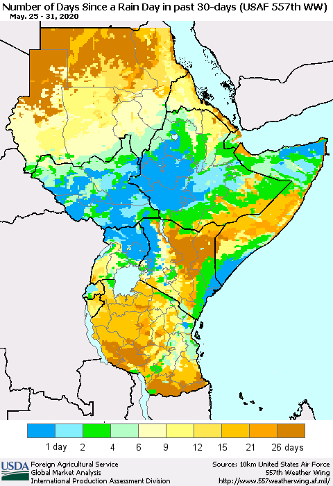 Eastern Africa Number of Days Since a Rain Day in past 30 days (USAF 557th WW) Thematic Map For 5/25/2020 - 5/31/2020