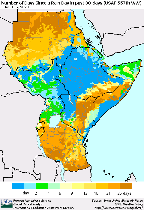 Eastern Africa Number of Days Since a Rain Day in past 30 days (USAF 557th WW) Thematic Map For 6/1/2020 - 6/7/2020