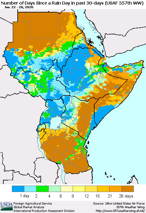 Eastern Africa Number of Days Since a Rain Day in past 30 days (USAF 557th WW) Thematic Map For 6/22/2020 - 6/28/2020