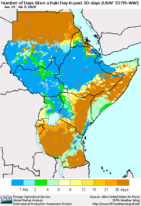 Eastern Africa Number of Days Since a Rain Day in past 30 days (USAF 557th WW) Thematic Map For 6/29/2020 - 7/5/2020