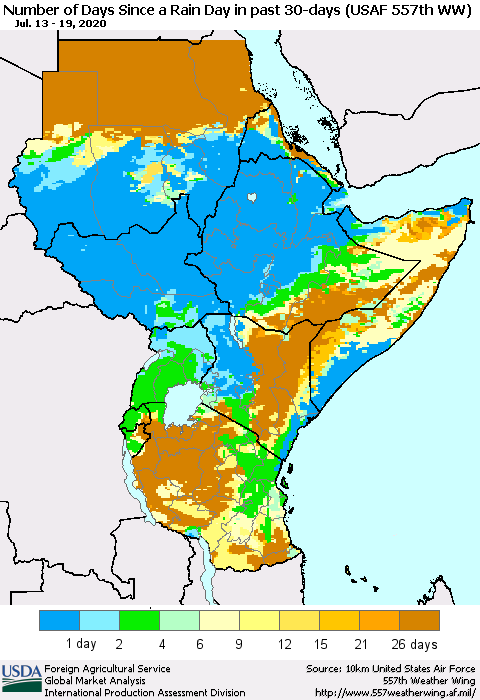 Eastern Africa Number of Days Since a Rain Day in past 30 days (USAF 557th WW) Thematic Map For 7/13/2020 - 7/19/2020