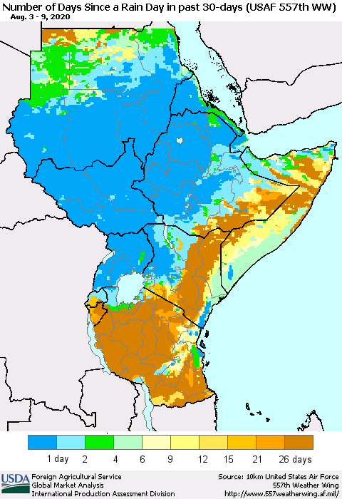 Eastern Africa Number of Days Since a Rain Day in past 30 days (USAF 557th WW) Thematic Map For 8/3/2020 - 8/9/2020