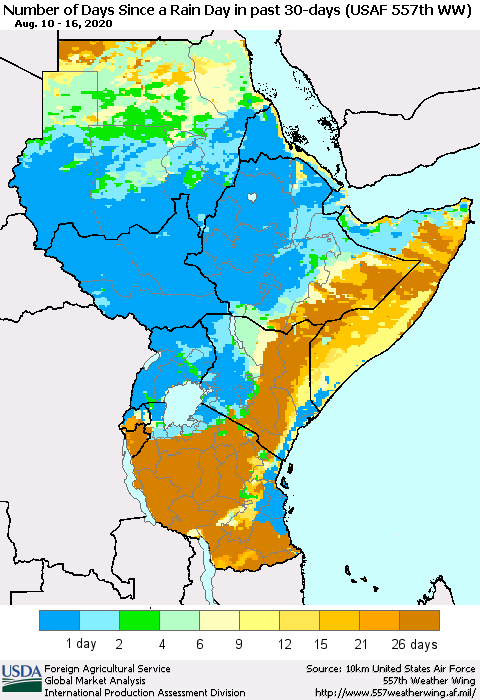 Eastern Africa Number of Days Since a Rain Day in past 30 days (USAF 557th WW) Thematic Map For 8/10/2020 - 8/16/2020