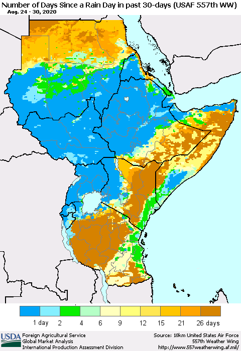 Eastern Africa Number of Days Since a Rain Day in past 30 days (USAF 557th WW) Thematic Map For 8/24/2020 - 8/30/2020