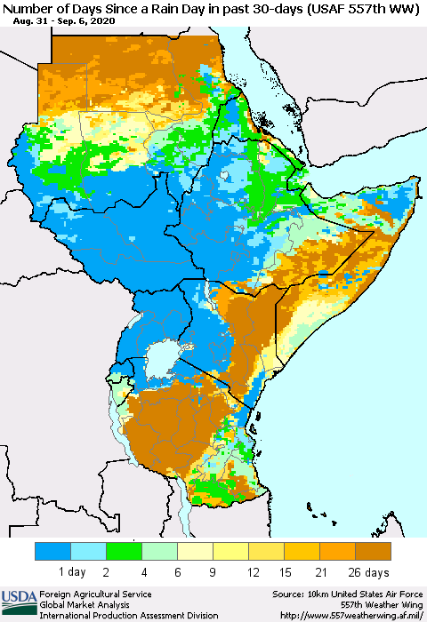 Eastern Africa Number of Days Since a Rain Day in past 30 days (USAF 557th WW) Thematic Map For 8/31/2020 - 9/6/2020