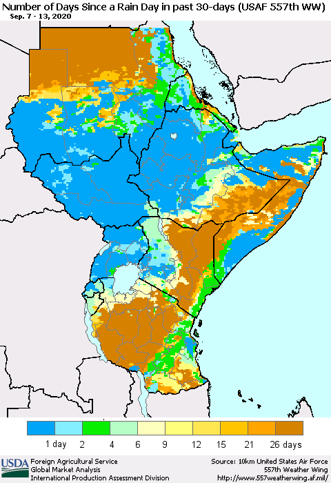 Eastern Africa Number of Days Since a Rain Day in past 30 days (USAF 557th WW) Thematic Map For 9/7/2020 - 9/13/2020