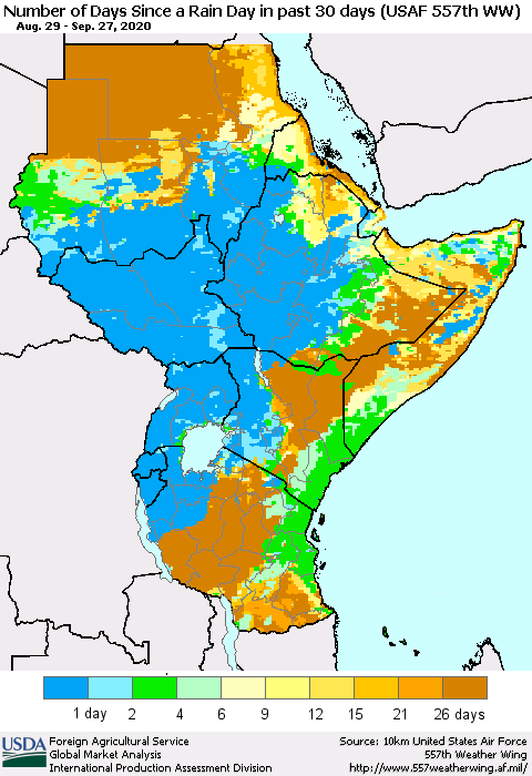 Eastern Africa Number of Days Since a Rain Day in past 30 days (USAF 557th WW) Thematic Map For 9/21/2020 - 9/27/2020