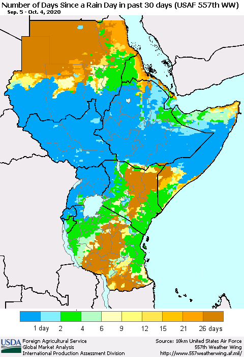 Eastern Africa Number of Days Since a Rain Day in past 30 days (USAF 557th WW) Thematic Map For 9/28/2020 - 10/4/2020