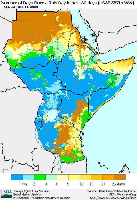 Eastern Africa Number of Days Since a Rain Day in past 30 days (USAF 557th WW) Thematic Map For 10/5/2020 - 10/11/2020