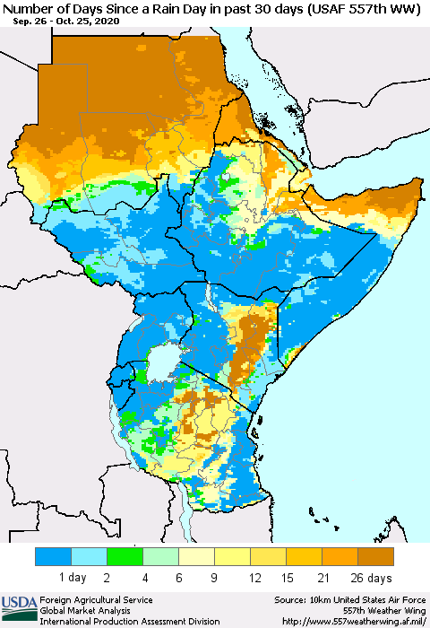 Eastern Africa Number of Days Since a Rain Day in past 30 days (USAF 557th WW) Thematic Map For 10/19/2020 - 10/25/2020