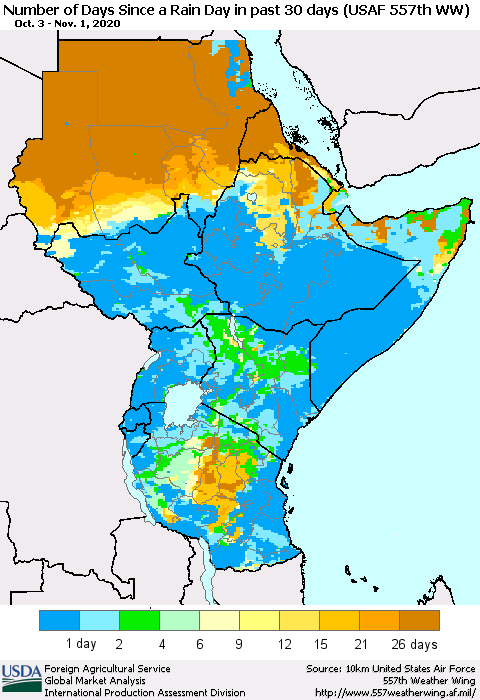 Eastern Africa Number of Days Since a Rain Day in past 30 days (USAF 557th WW) Thematic Map For 10/26/2020 - 11/1/2020