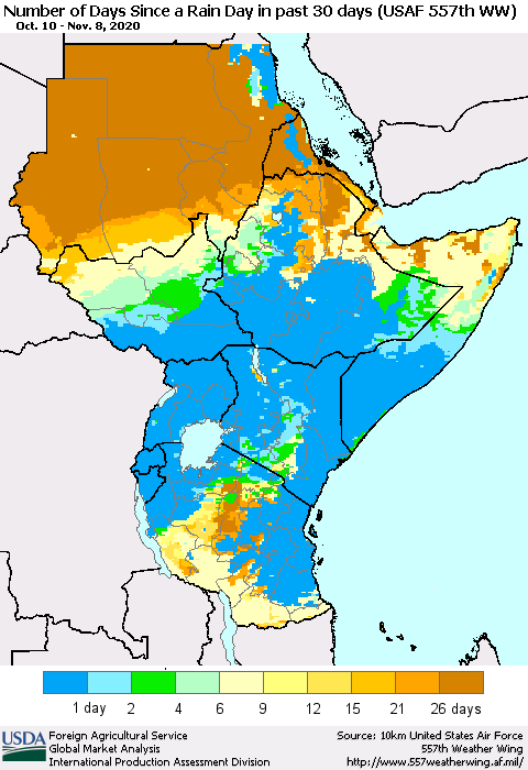 Eastern Africa Number of Days Since a Rain Day in past 30 days (USAF 557th WW) Thematic Map For 11/2/2020 - 11/8/2020