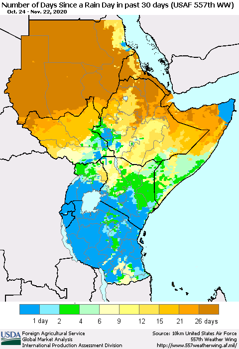 Eastern Africa Number of Days Since a Rain Day in past 30 days (USAF 557th WW) Thematic Map For 11/16/2020 - 11/22/2020
