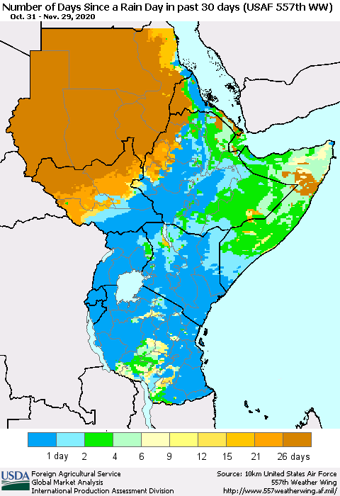 Eastern Africa Number of Days Since a Rain Day in past 30 days (USAF 557th WW) Thematic Map For 11/23/2020 - 11/29/2020