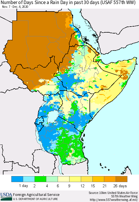 Eastern Africa Number of Days Since a Rain Day in past 30 days (USAF 557th WW) Thematic Map For 11/30/2020 - 12/6/2020