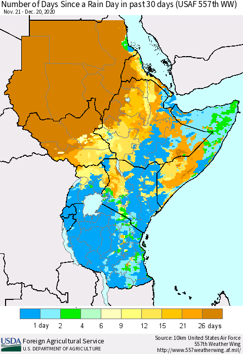 Eastern Africa Number of Days Since a Rain Day in past 30 days (USAF 557th WW) Thematic Map For 12/14/2020 - 12/20/2020