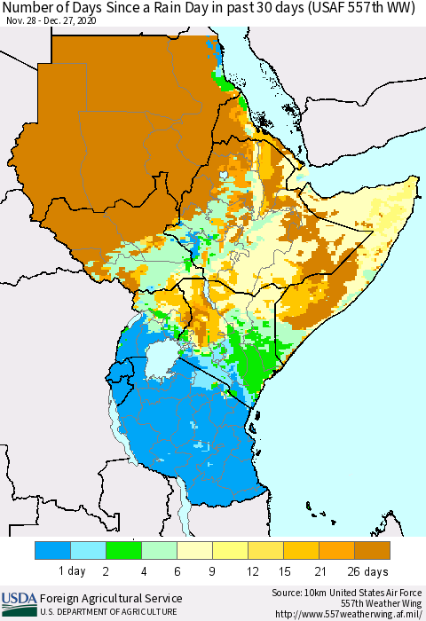 Eastern Africa Number of Days Since a Rain Day in past 30 days (USAF 557th WW) Thematic Map For 12/21/2020 - 12/27/2020